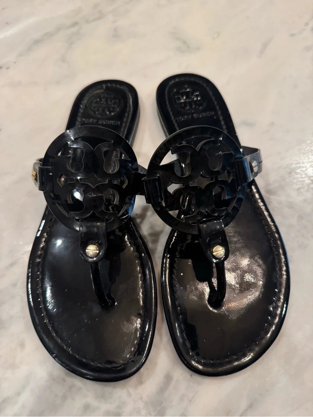 Tory Burch Black Patent Miller Logo Thong Sandals